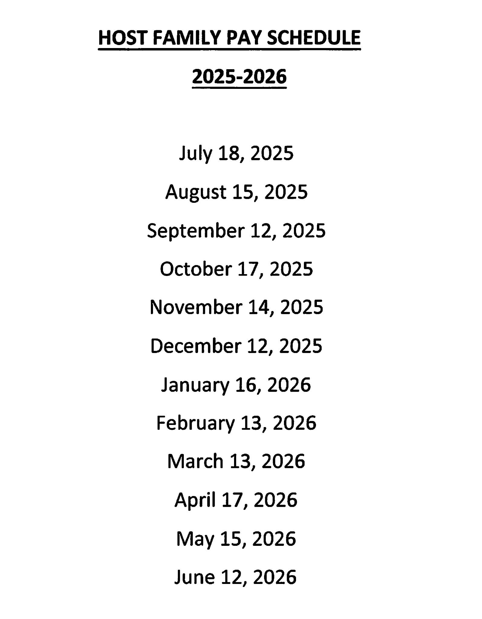Homestay Pay Schedule